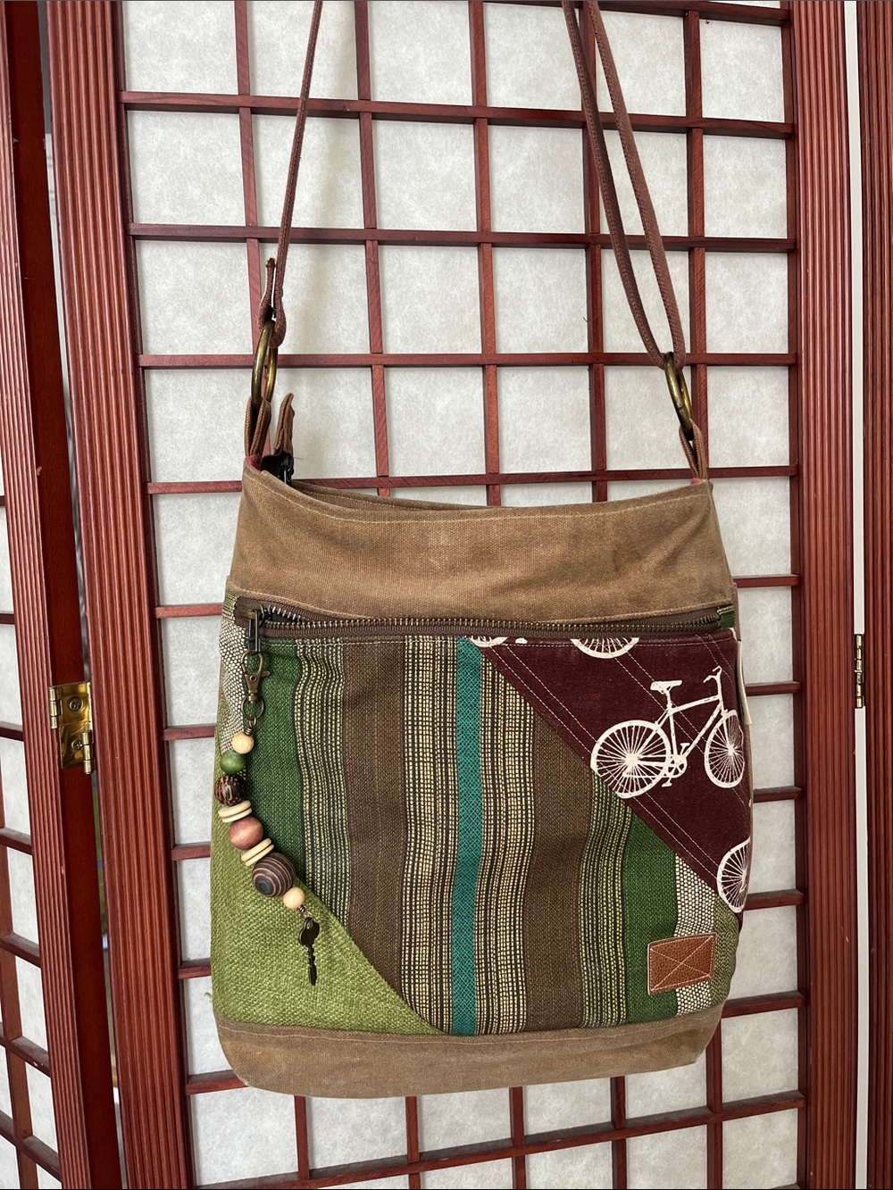 Green and Brown Striped Boho Crossbody Bag with Bicycle Print